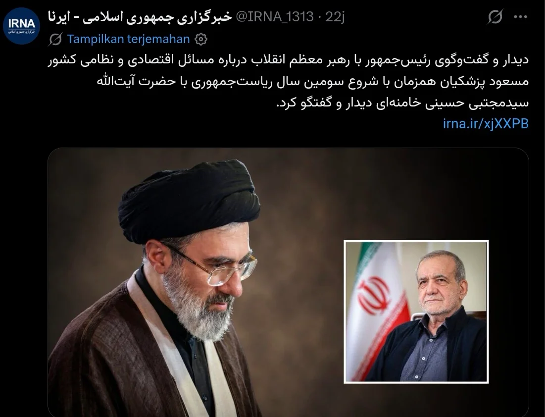 Media Iran menyebut pertemuan Masoud Pezeshkian dan Mojtaba Khamenei membahas keamanan nasional, ekonomi, serta arah kebijakan Iran.