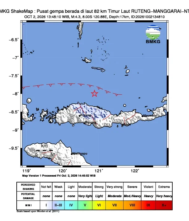 Shakemap penjelasan gempa di NTT dari BMKG di website BNBP