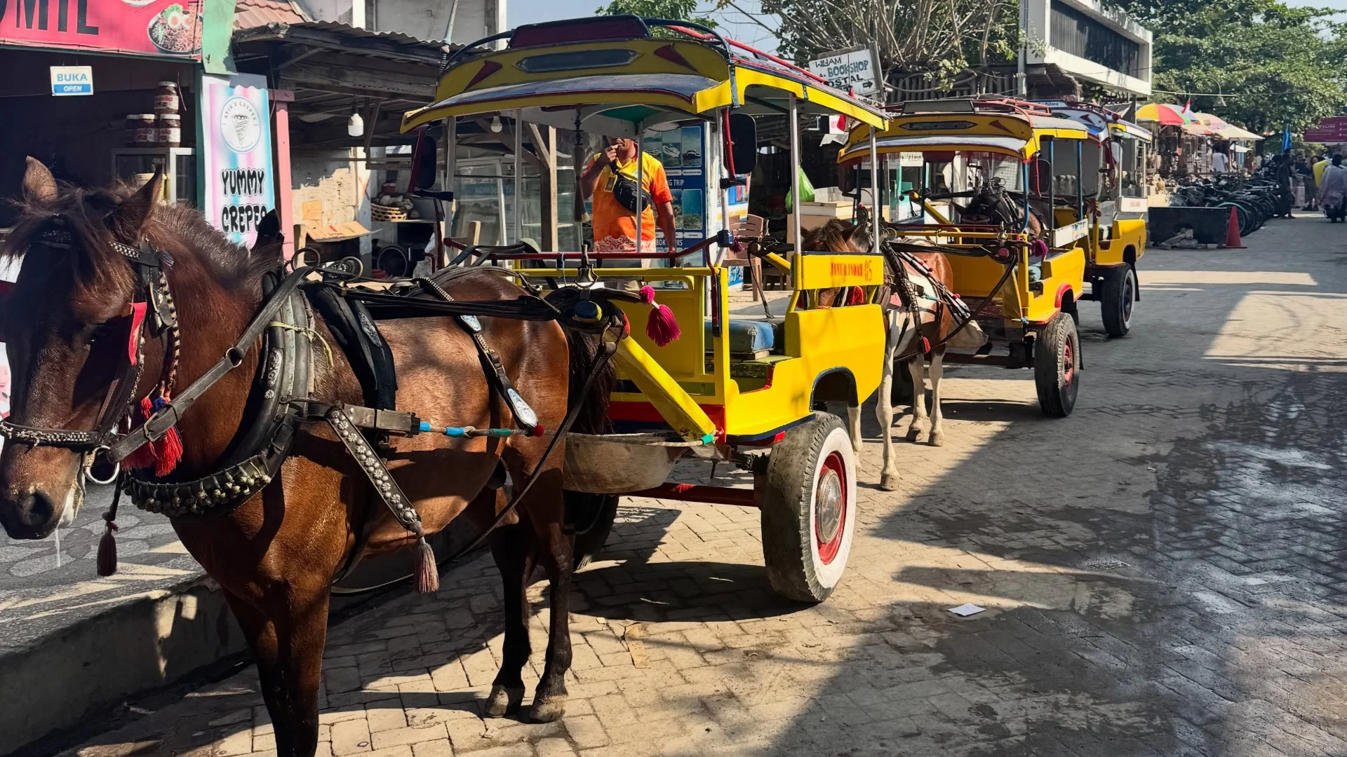Deretan cidomo atau delman yang sedang berbaris, yang difungsikan sebagai alat transportasi di pulau